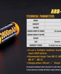 FENIX ARB-L18 2600U USB RECHARGEABLE LI-ION 18650 BATTERY