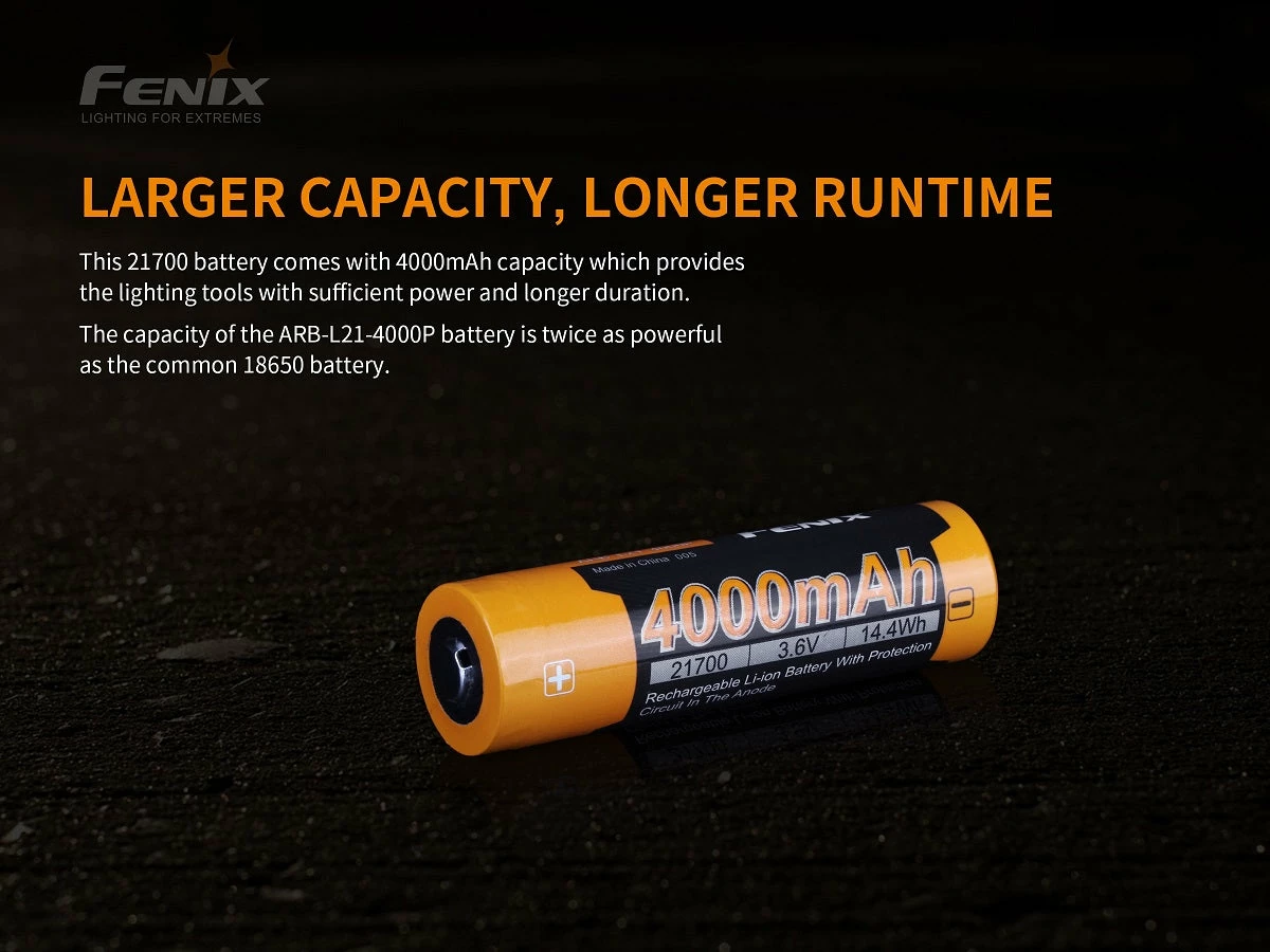 FENIX ARB-L21 4000P HIGH DRAW 21700 LI-ION RECHARGEABLE BATTERY Fenix Lights 4 FENIX ARB-L21 4000P HIGH DRAW 21700 LI-ION RECHARGEABLE BATTERY Fenix Lights