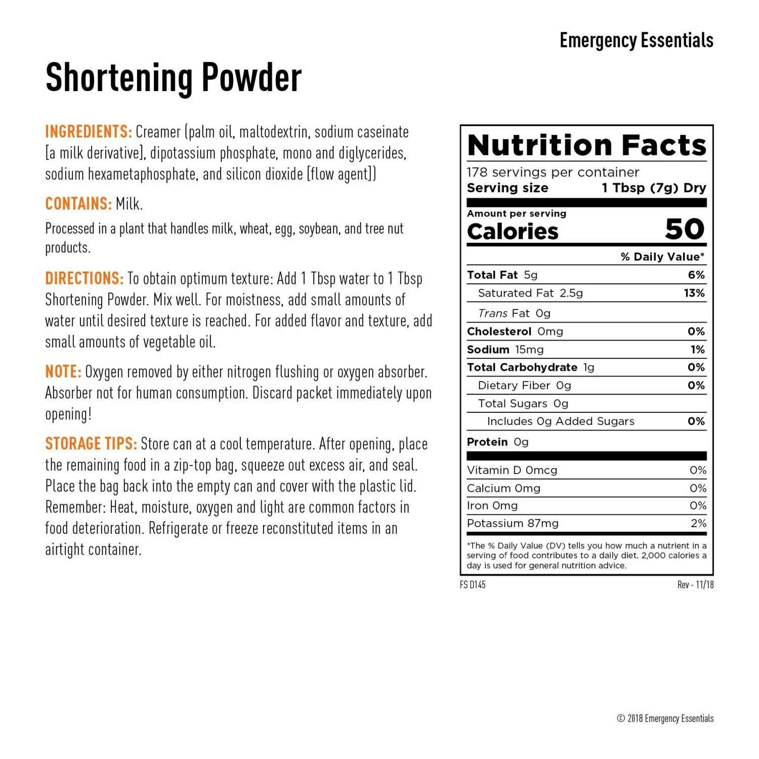 Emergency Essentials Shortening Powder Large Can 2 Emergency Essentials Shortening Powder Large Can