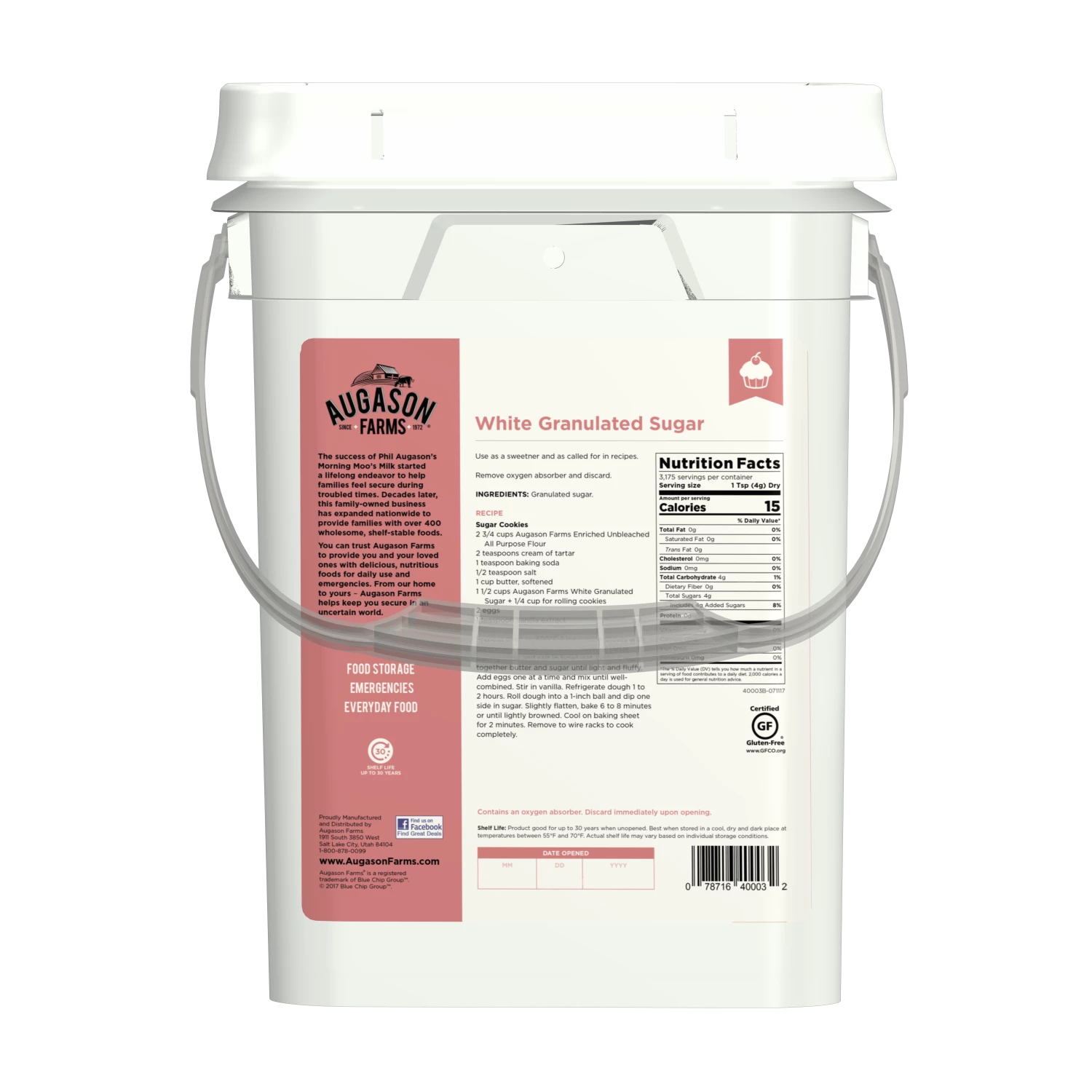 Augason Farms White Granulated Sugar 4-Gallon Pail Food & Food Storage 2 Augason Farms White Granulated Sugar 4-Gallon Pail Food & Food Storage